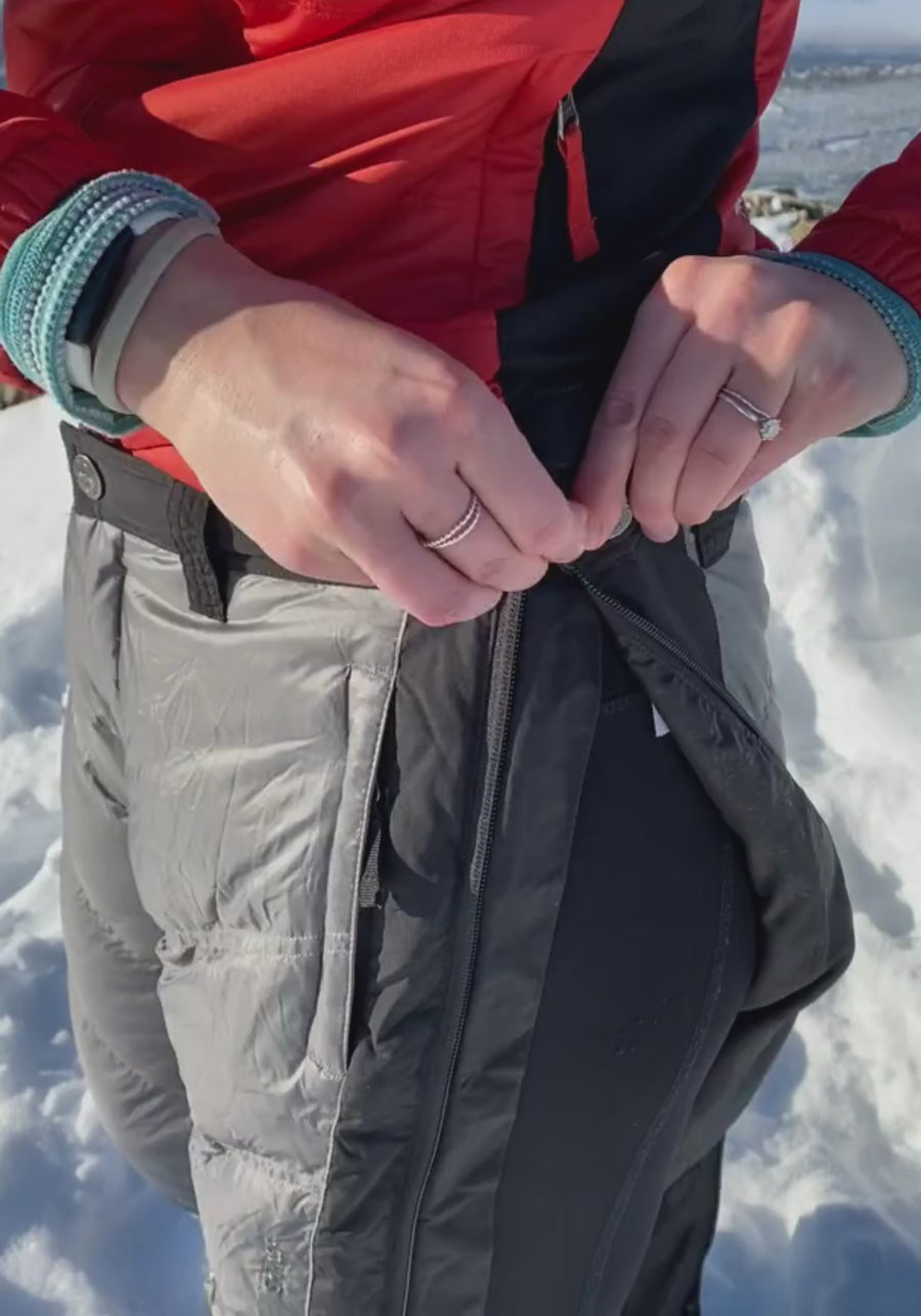 video showing the side zippers on skhoop daria down pants 