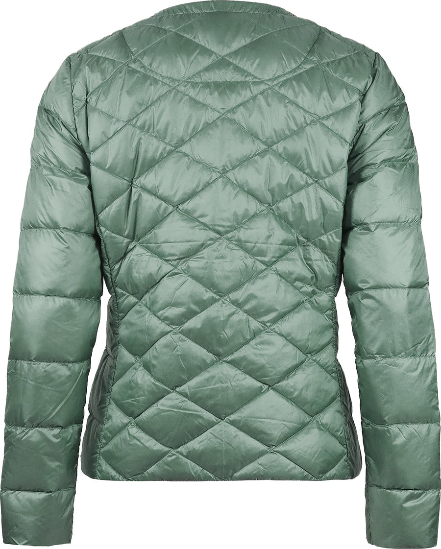 skhoop quilted jacinda down sweater in frost green, back view