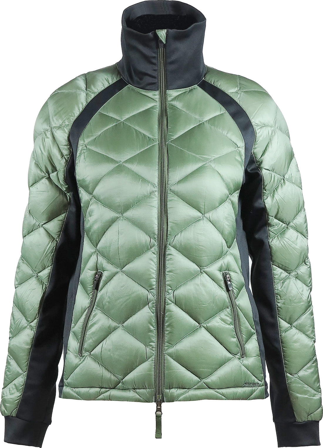 skhoop quilted down puffy coat with side stretch panels in frost green color