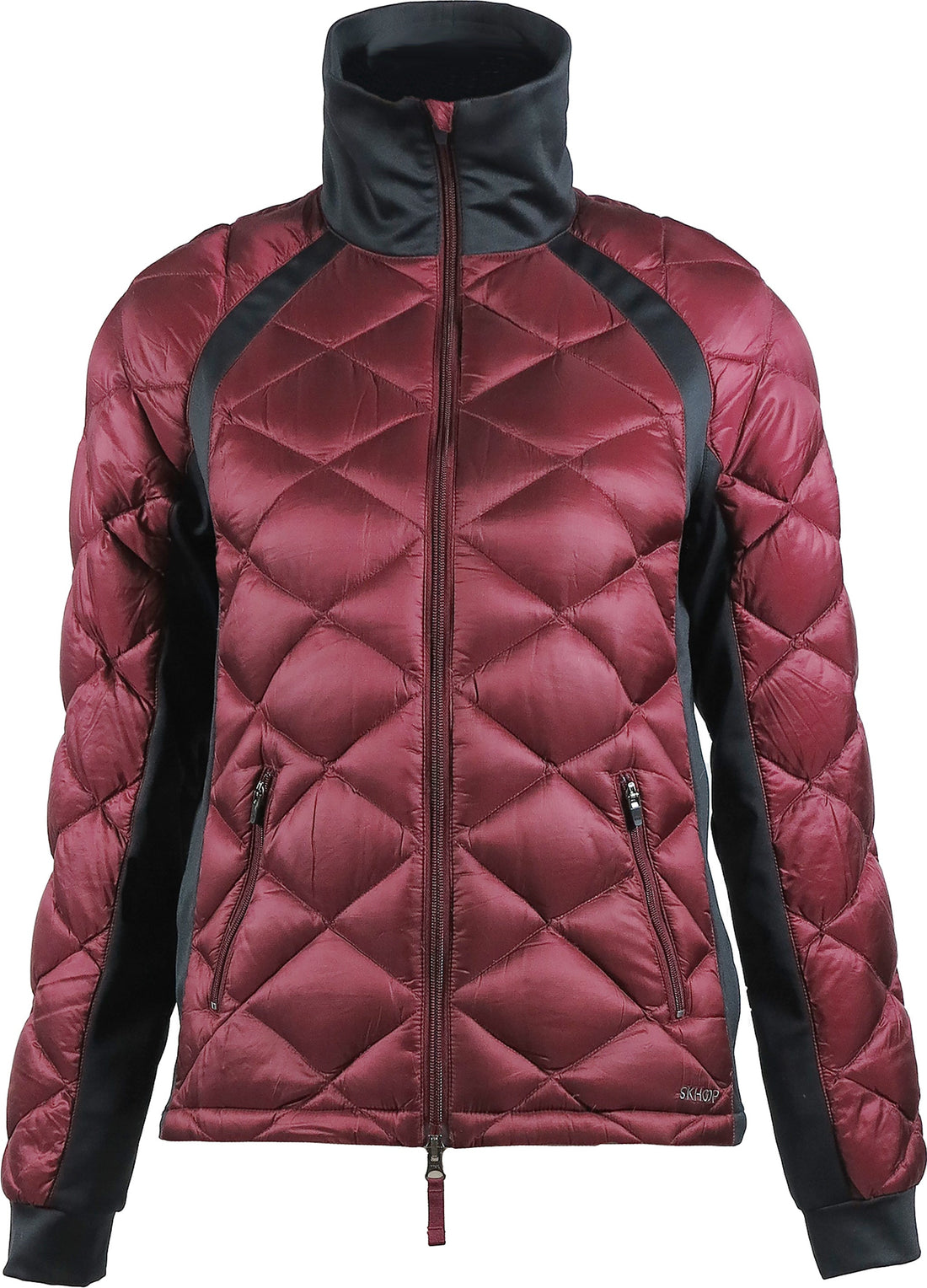 skhoop quilted down puffy coat with side stretch panels in ruby red color