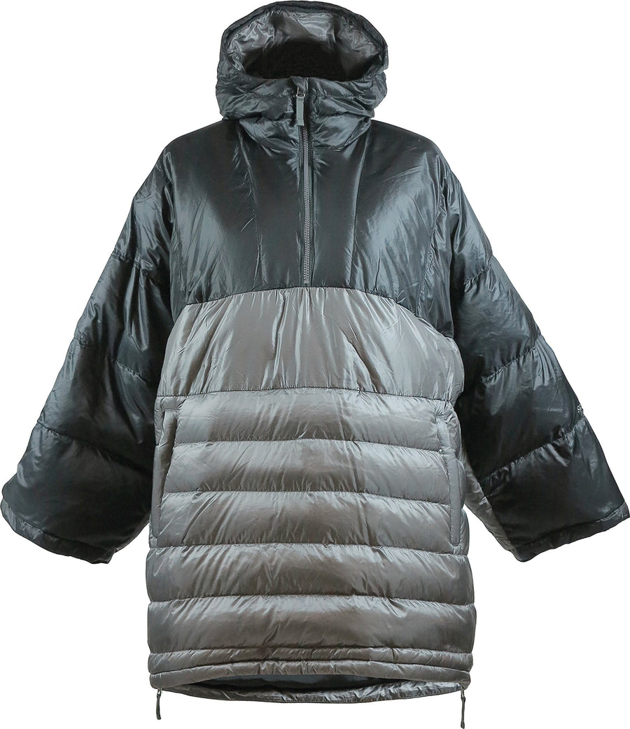 skhoop puffy down pia poncho in graphite and black
