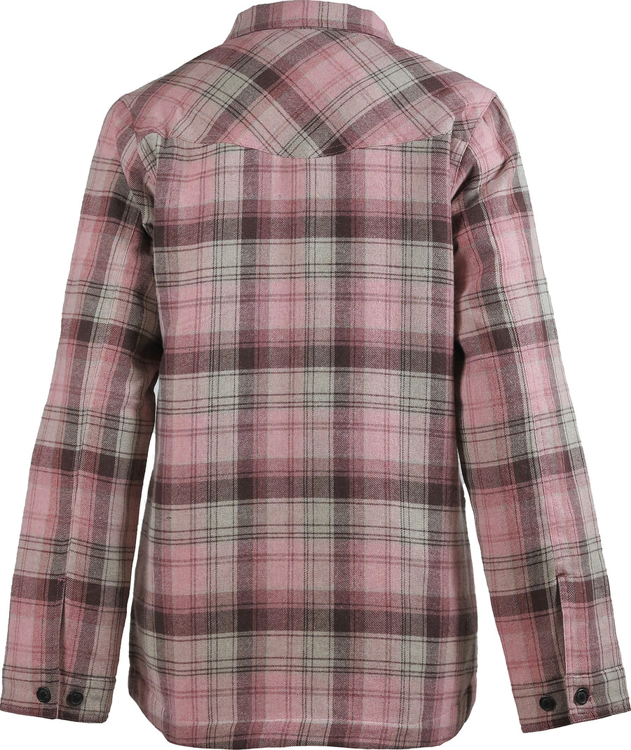 pink insulted flannel shirt, back view