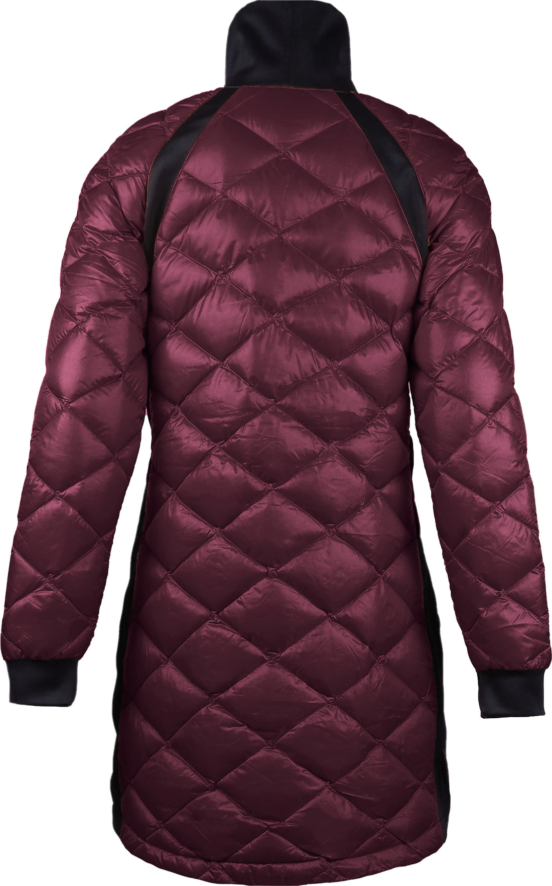 skhoop hedda quilted down coat with side strech panels in ruby red color, back view