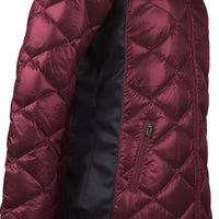 skhoop hedda quilted down coat with side strech panels in ruby red color, side view