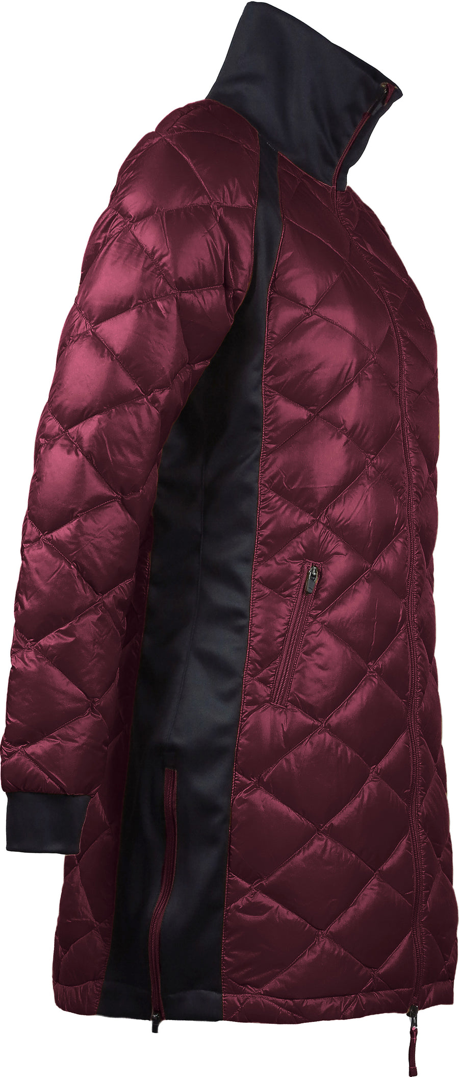 skhoop hedda quilted down coat with side strech panels in ruby red color, side view
