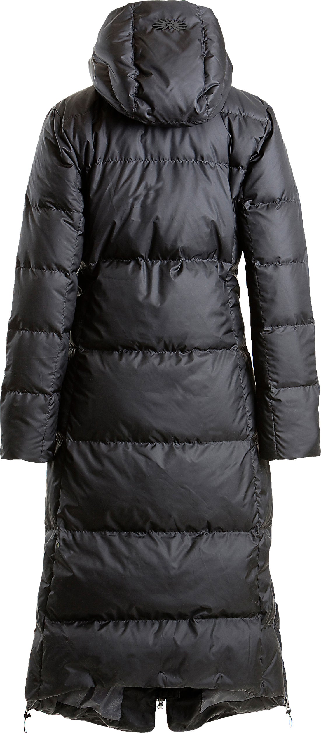 skhoop full length hella down coat in black, back view