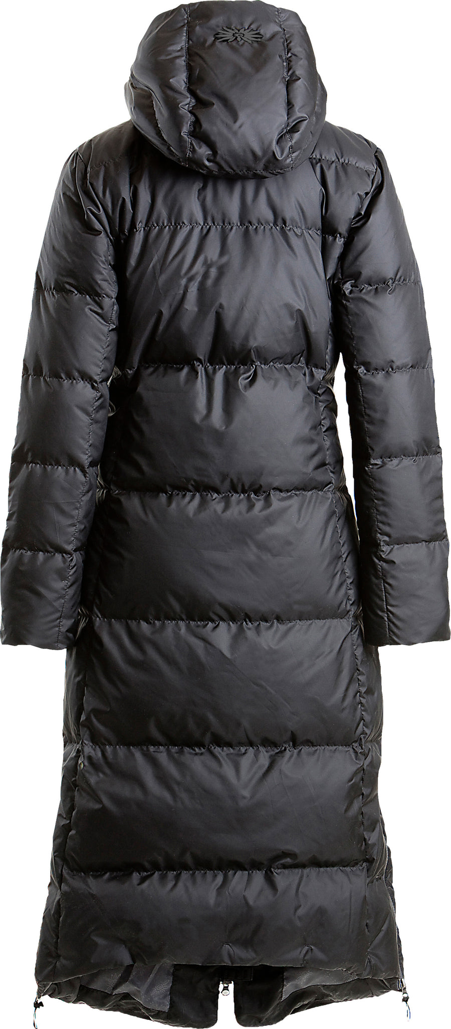 skhoop full length hella down coat in black, back view