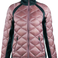 skhoop quilted down puffy coat with side stretch panels in misty rose color