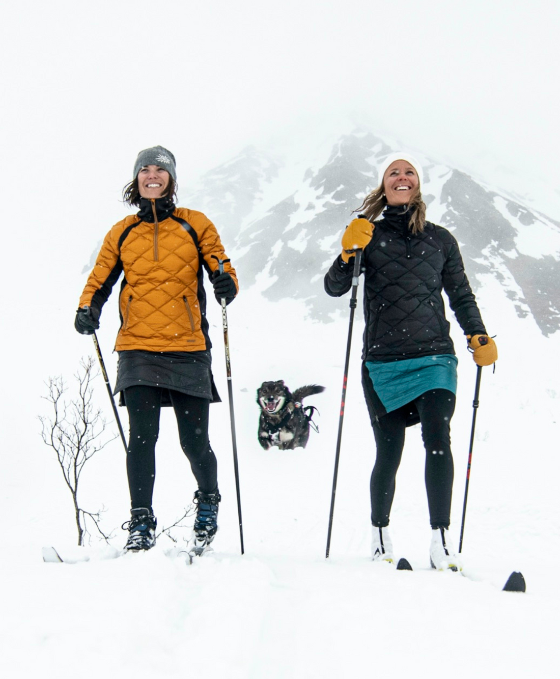 Two women skiing on a snowy day in the mountains